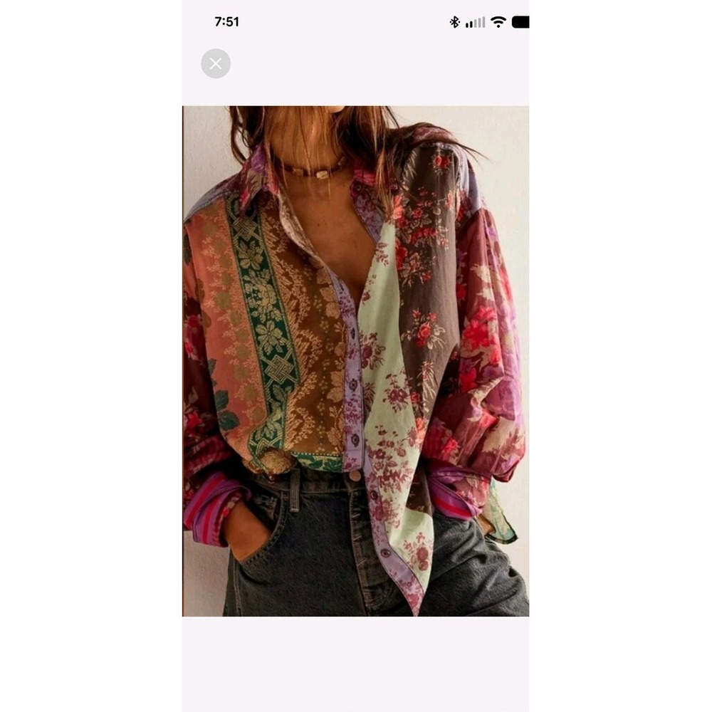 Free People Flower Patch Cotton Button-Front Top Size Medium Multicolor - Picture 2 of 12